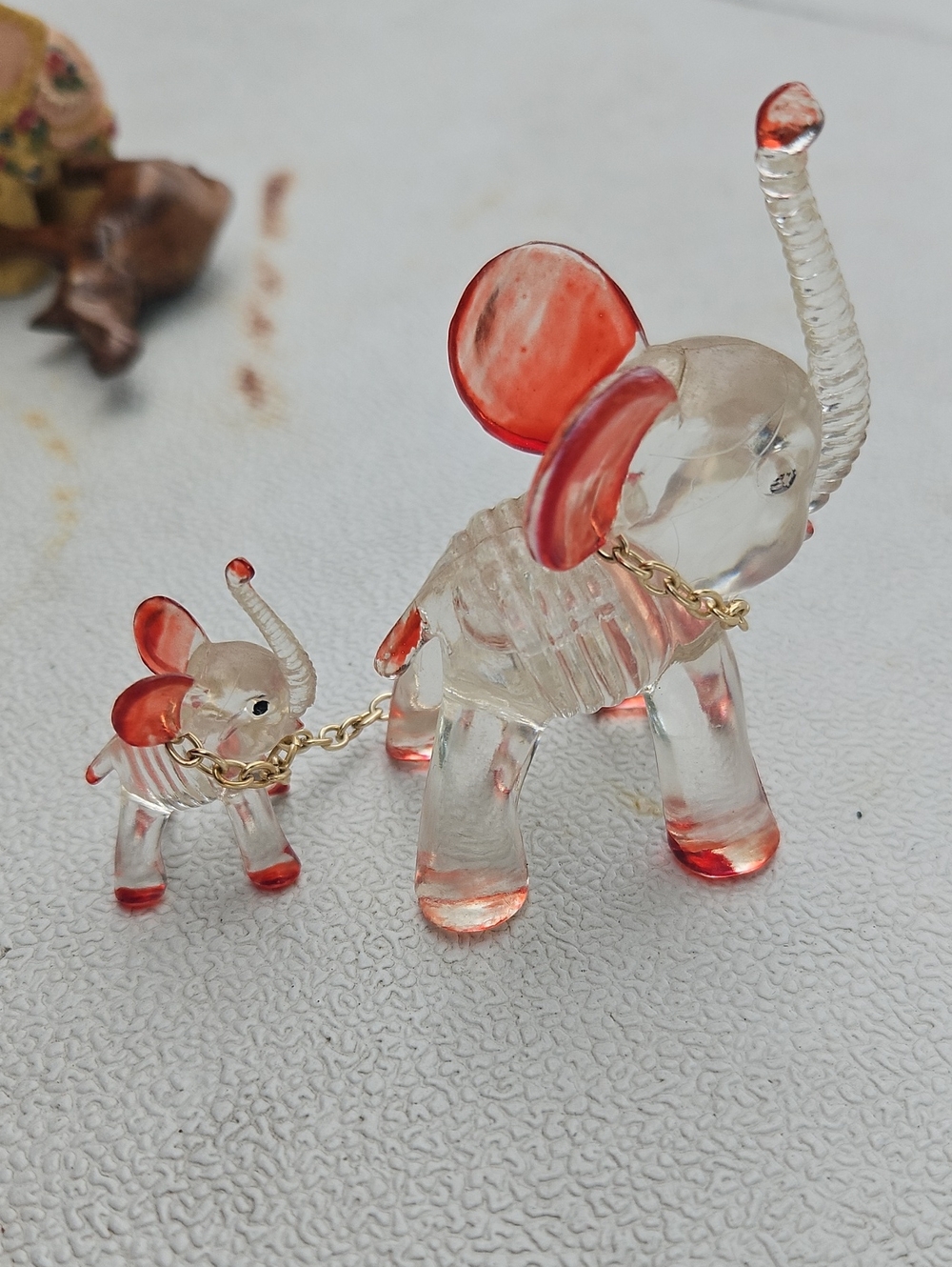 Vintage Lucite Elephant And Baby with Red Accents